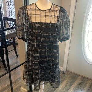 New Without Tags Sheer Black & Silver Plaid Dress W/ Sequins & Puff Sleeves